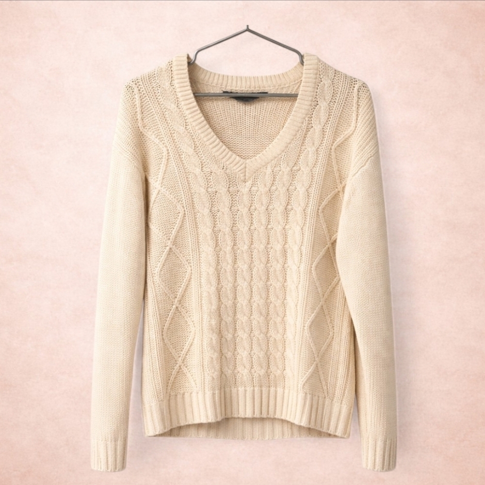 Vintage Cream Cable Knit V Neck Sweater XL Oversized Preppy Cozy 90s